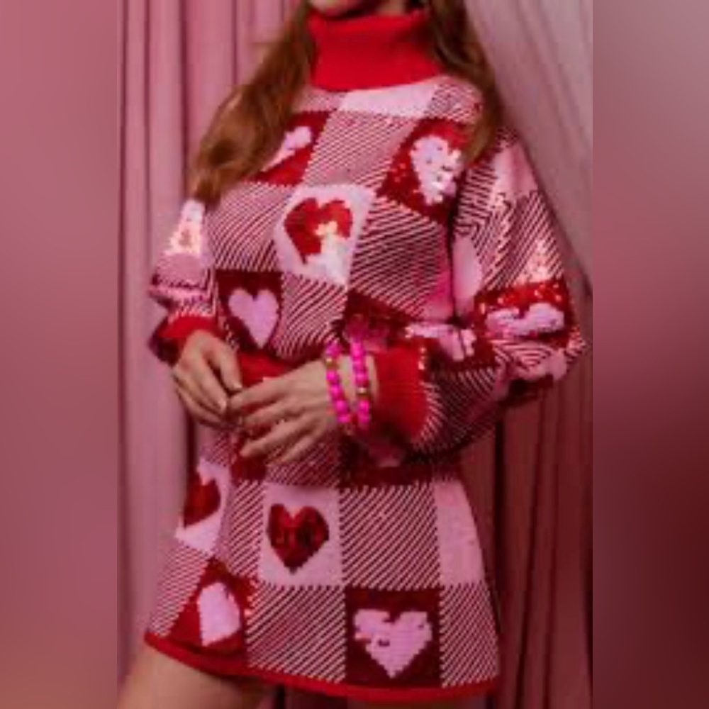 NWT Sequin Heart Patterned Women's Turtleneck Sweater and Skirt Set